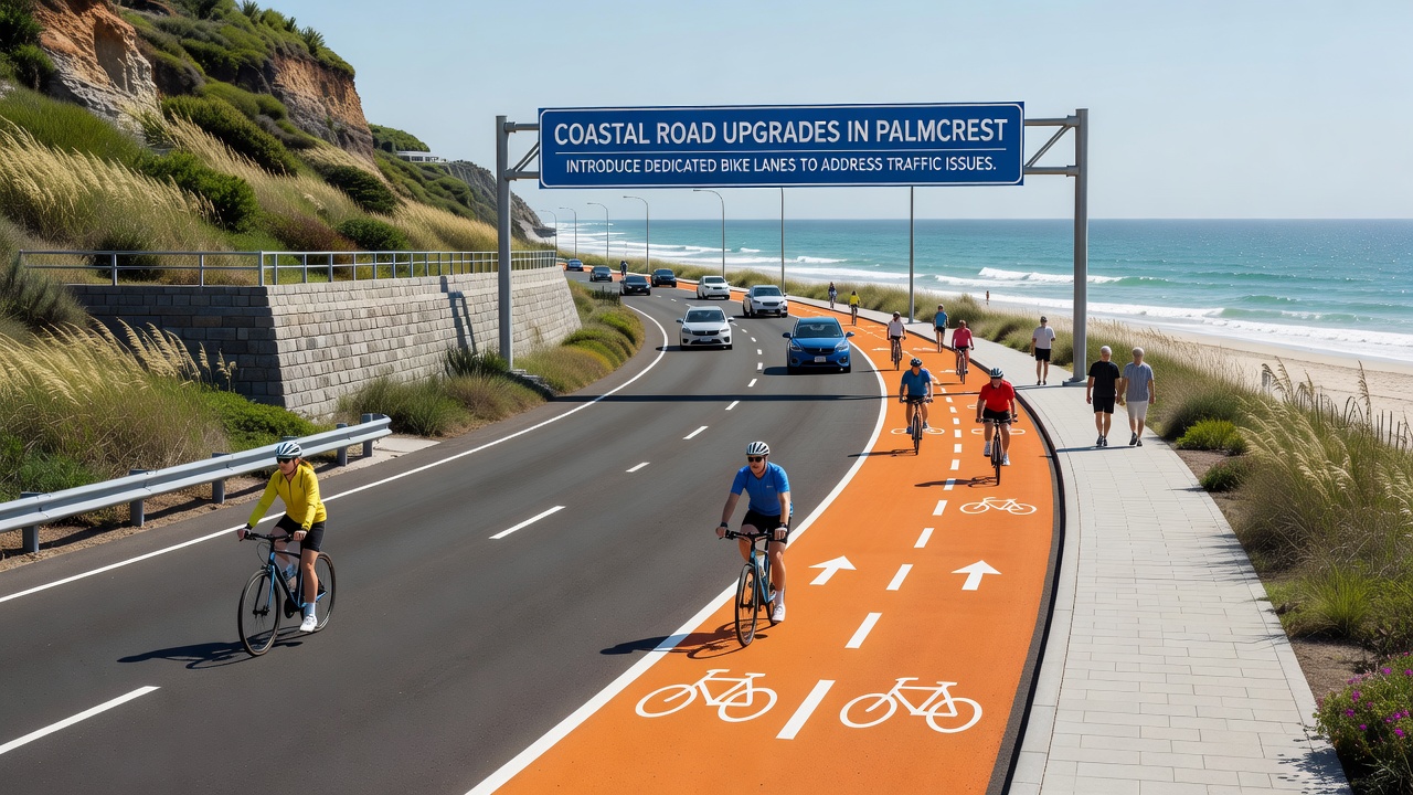 Protected bike lane installation on Palmcrest coastal road with buffer zones and signage