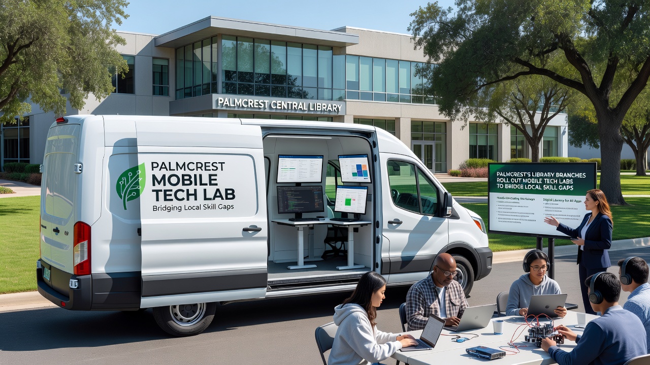 Participants working on laptops inside a Palmcrest mobile tech lab set up in a community hall