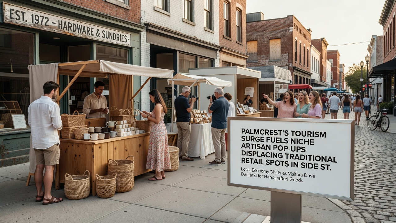 Close-up view of an artisan pop-up stall displaying handmade items with traditional shopfronts visible in the background